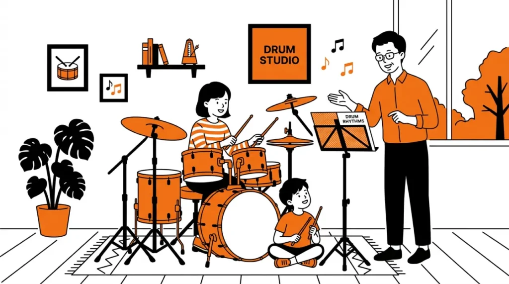 ドラムスクールで老若男女が楽しくレッスンを受けている様子